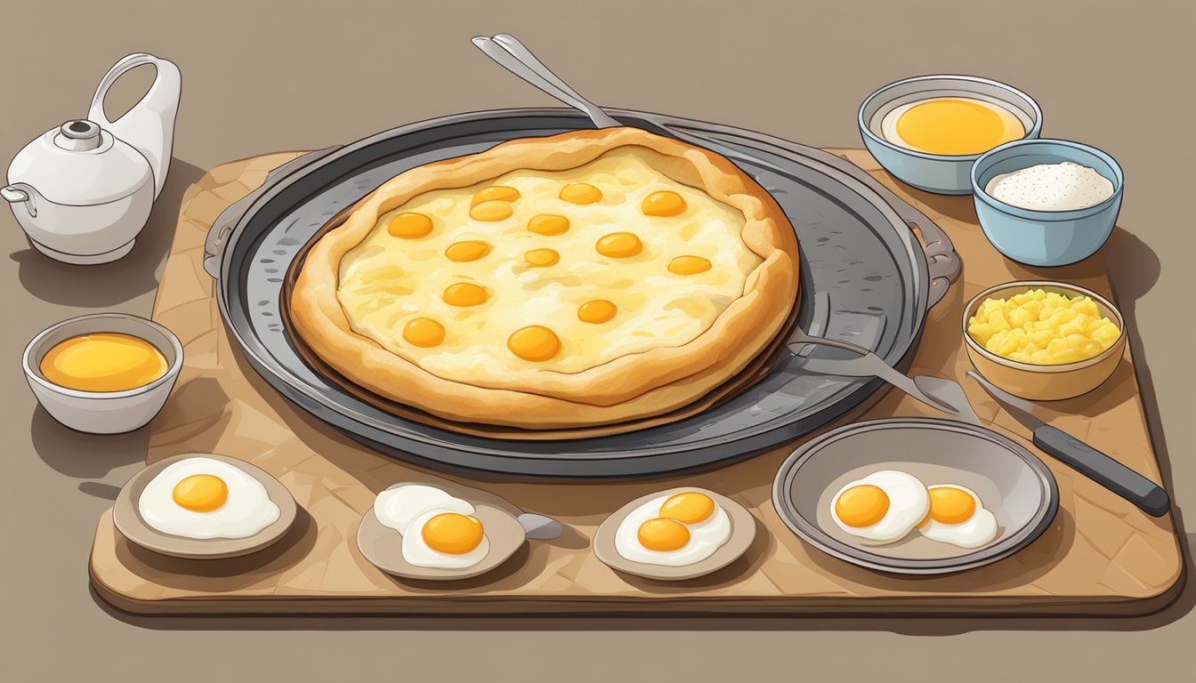 A steaming khachapuri on a baking sheet, surrounded by small dishes of butter and egg yolk, a fork and knife nearby