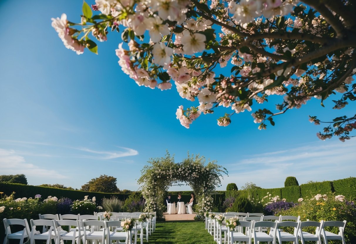 A picturesque garden with blooming flowers and a clear blue sky, setting the scene for a beautiful outdoor wedding ceremony