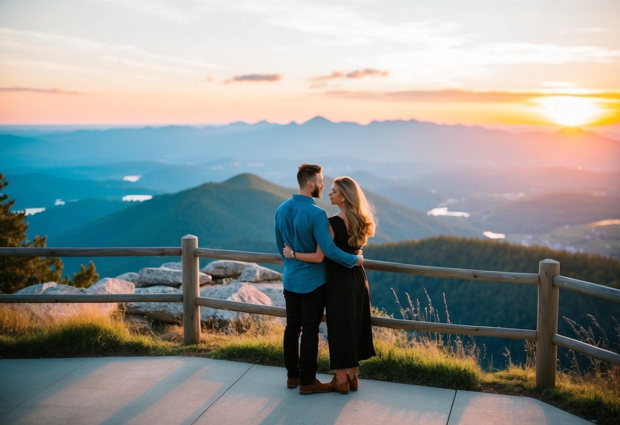 A scenic overlook at sunset, with a couple standing close together, overlooking a picturesque landscape