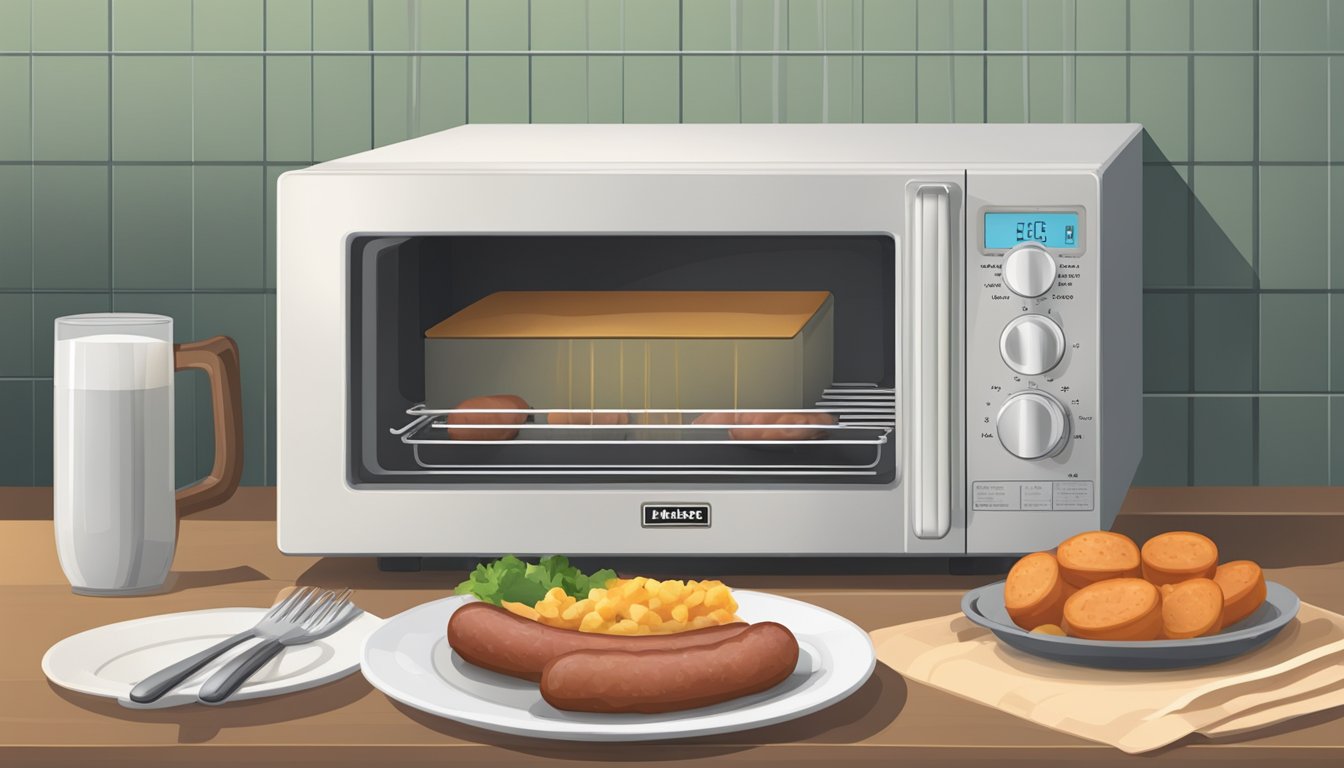 A microwave with a plate of kielbasa inside, a fork, and a timer