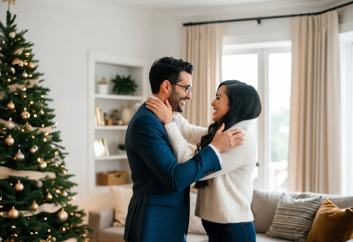 A cozy living room with a twinkling Christmas tree and a couple embracing, as the partner presents a ring, capturing the joy and significance of a holiday season engagement