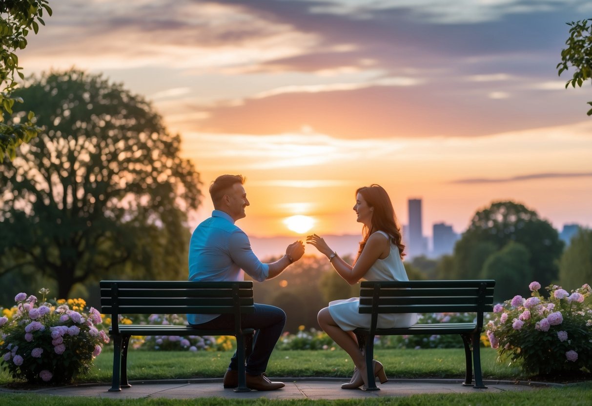 A couple sitting on a park bench, surrounded by blooming flowers and a picturesque sunset, as the partner pops the question with a sparkling engagement ring