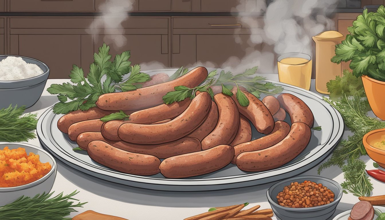 A plate of reheated kielbasa sits steaming on a kitchen counter, surrounded by a scattering of fresh herbs and spices