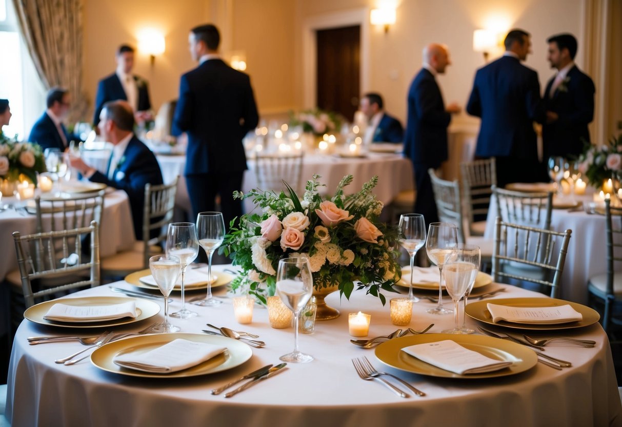 Tables set with elegant place settings, adorned with floral centerpieces. Soft candlelight illuminates the room as guests mingle and enjoy their meals