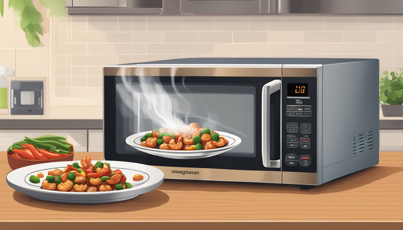 A plate of kung pao shrimp sits on a wooden table next to a microwave. The steam rises from the dish as it heats up