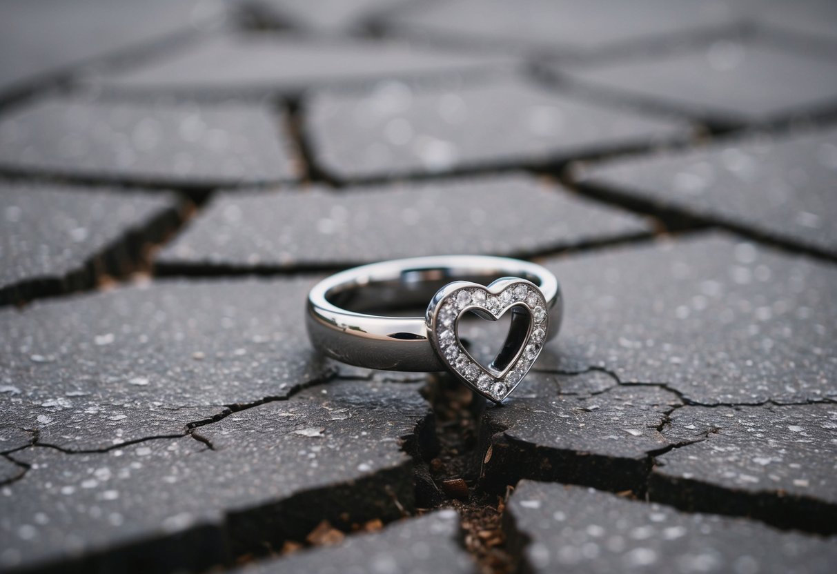 A broken heart-shaped wedding ring lying on a cracked pavement