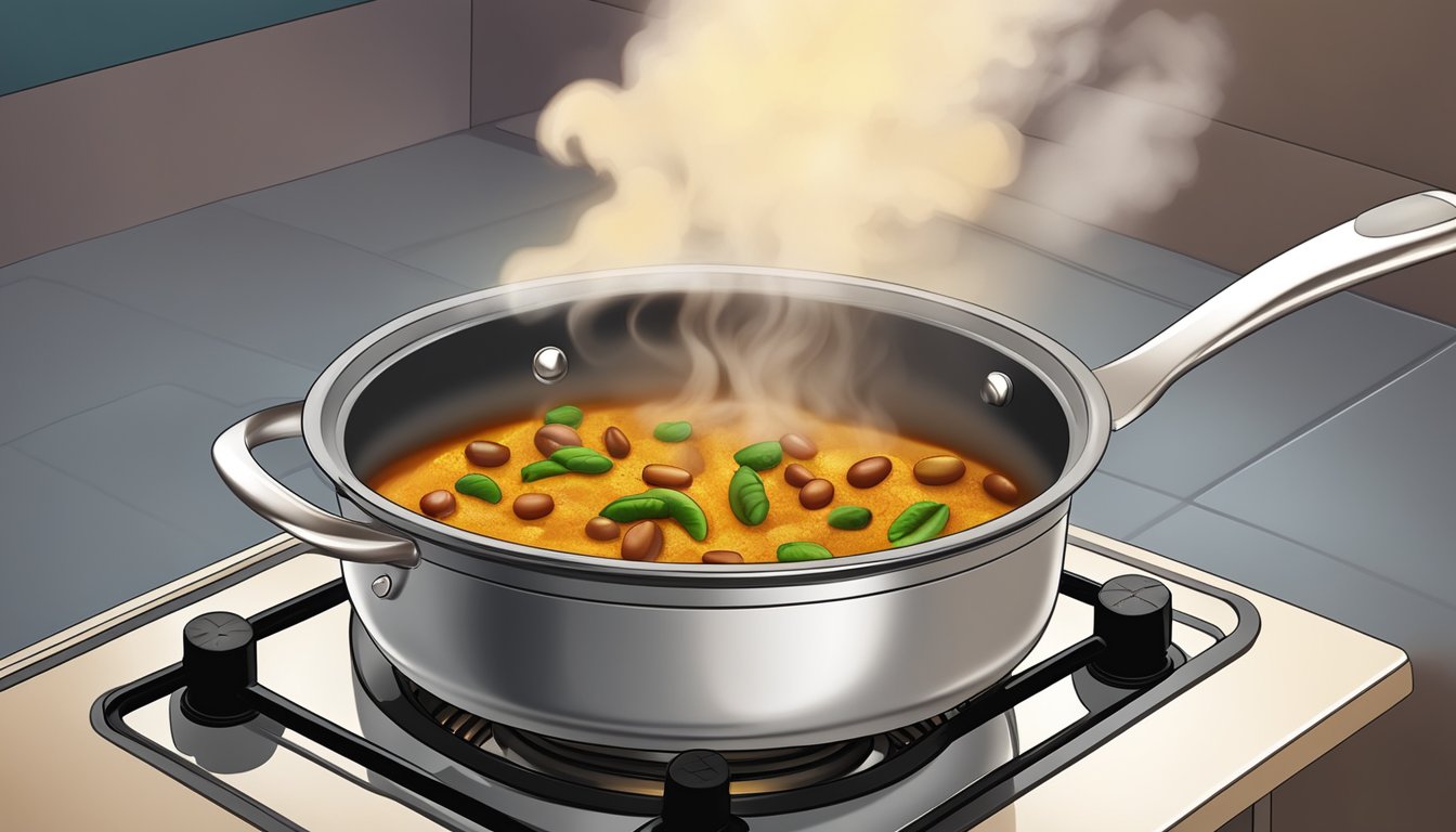 A pot of kidney bean curry being gently reheated on a stovetop, with steam rising and the aroma of spices filling the air