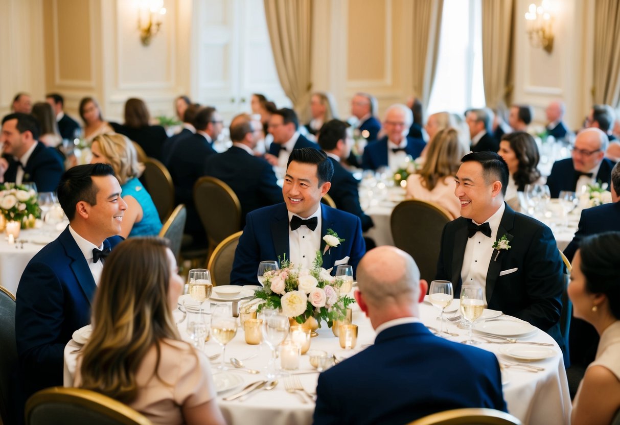 Guests seated at round tables, chatting and enjoying a formal dinner setting with elegant tableware and floral centerpieces