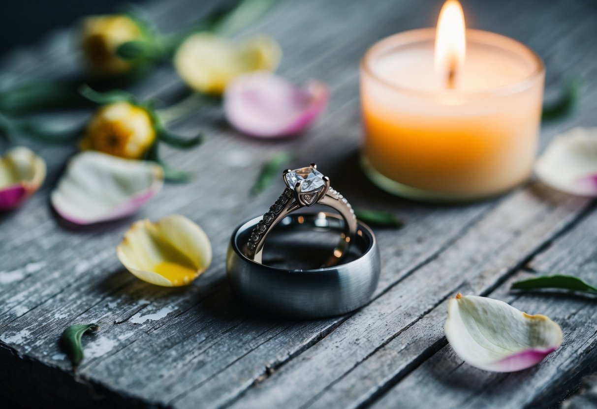 A wedding ring on a weathered wooden surface, surrounded by fading flower petals and a candle burning low
