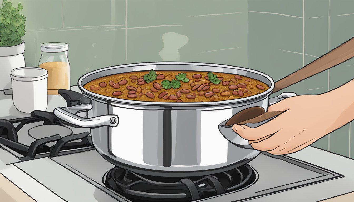 A pot of kidney bean curry sits on a stovetop, a lid partially covering it. A person's hand reaches for a spoon nearby