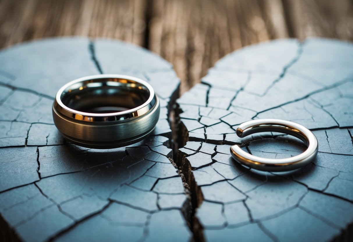 A broken wedding ring lying on a cracked heart-shaped surface, symbolizing the average length of marriage before divorce