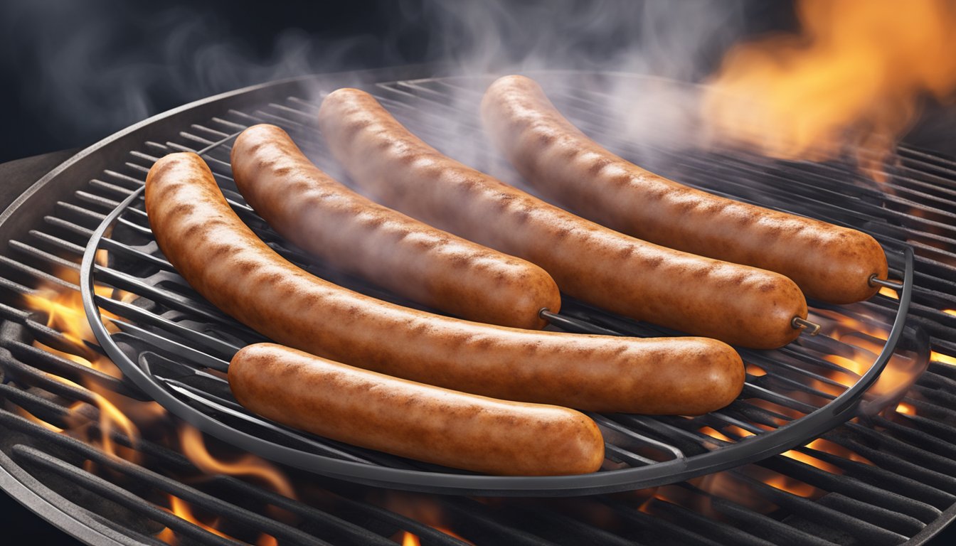 A plate of knackwurst sizzling on a hot grill, steam rising as the sausages cook to perfection