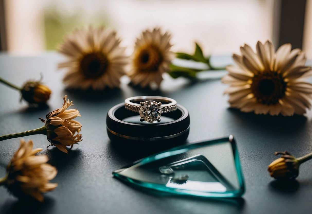 A wedding ring placed on a table, surrounded by wilted flowers and a broken glass