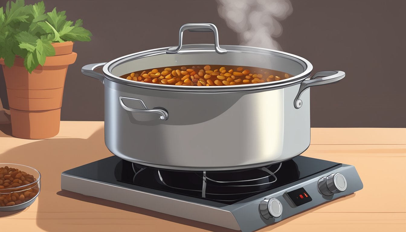 A pot of kidney bean curry being gently reheated on a stovetop, with steam rising and the aroma of spices filling the air