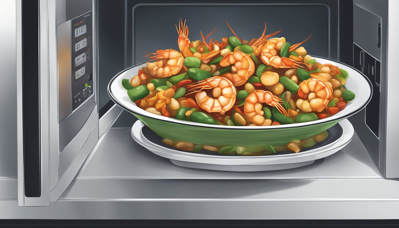 A plate of kung pao shrimp being reheated in a microwave