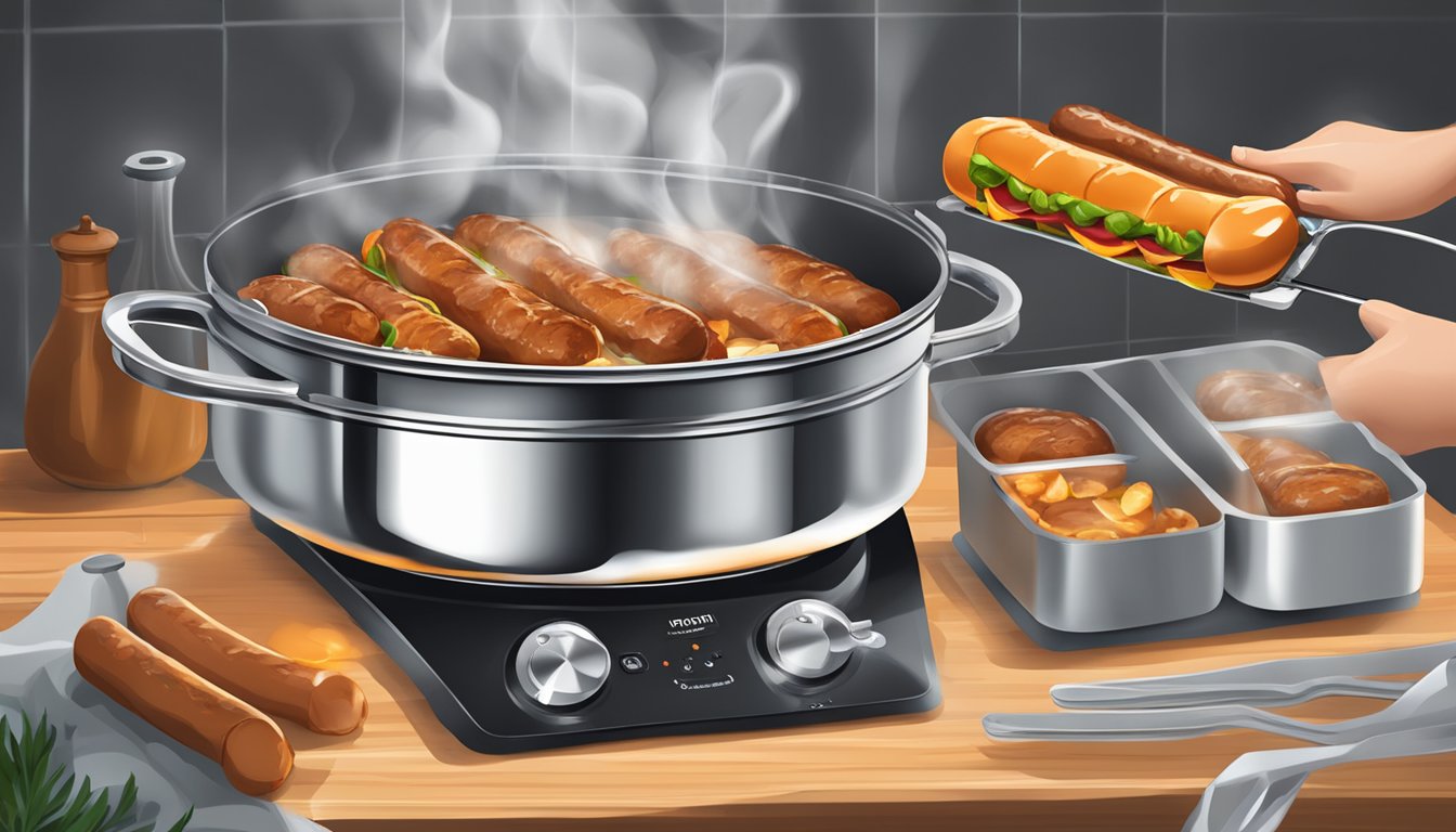 A stovetop with a pot of boiling water and a pair of tongs lifting a sizzling knackwurst out of the water