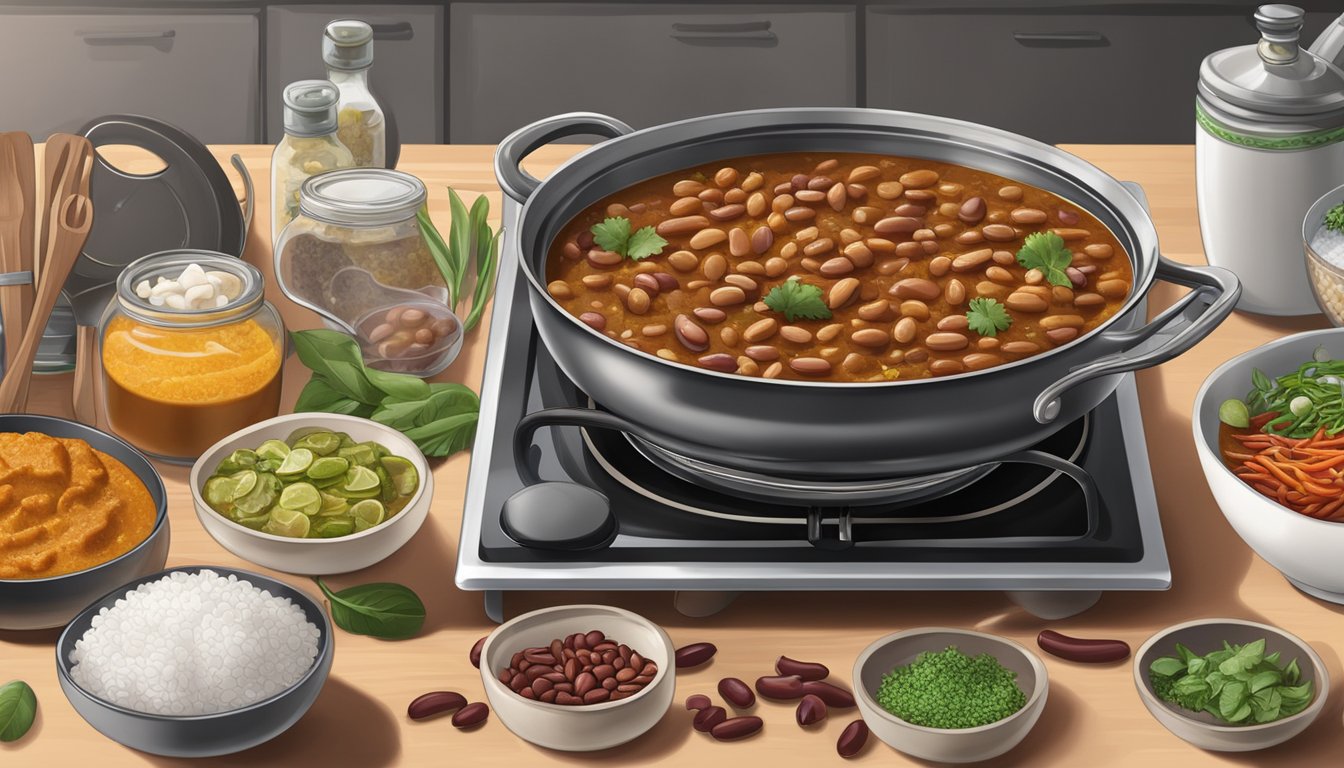 A steaming bowl of kidney bean curry sits on a stovetop, surrounded by various kitchen utensils and ingredients