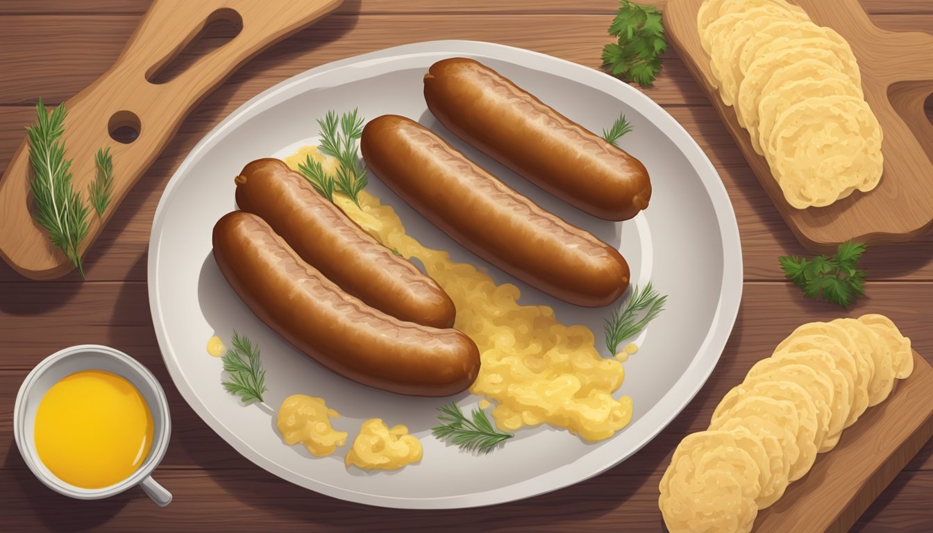 A plate of knackwurst being heated in boiling water, then served with mustard and sauerkraut on a wooden board