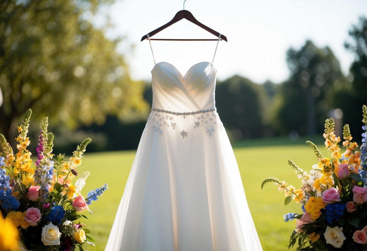 A white wedding dress hanging on a hanger, surrounded by colorful flowers and soft lighting