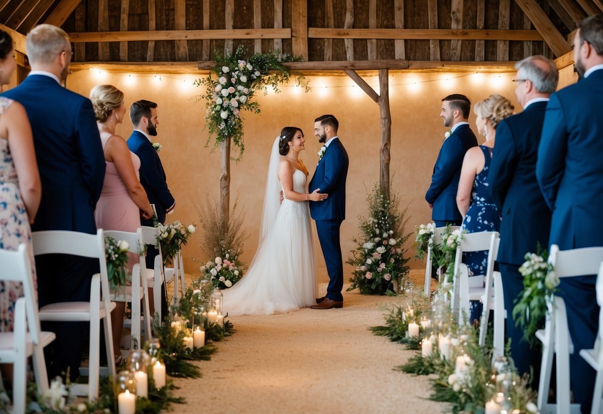 A simple wedding ceremony in a cozy countryside barn, with fairy lights, wildflowers, and a handmade wooden archway