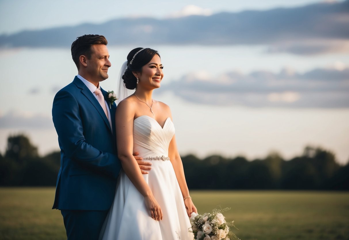 A bride in a non-white wedding dress standing confidently with a supportive and accepting partner by her side