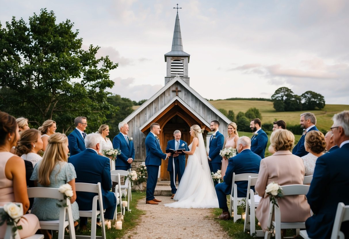 A cozy, rustic wedding ceremony in a small countryside chapel with a handful of close family and friends