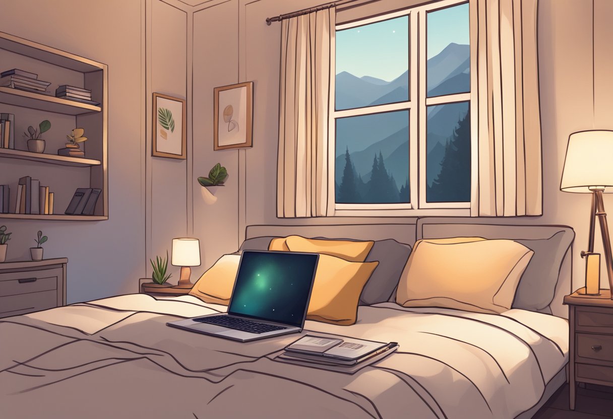 A serene bedroom with a soft, inviting bed, a warm glow from a bedside lamp, and a laptop playing a soothing sleep story on the CozyBedTales YouTube channel