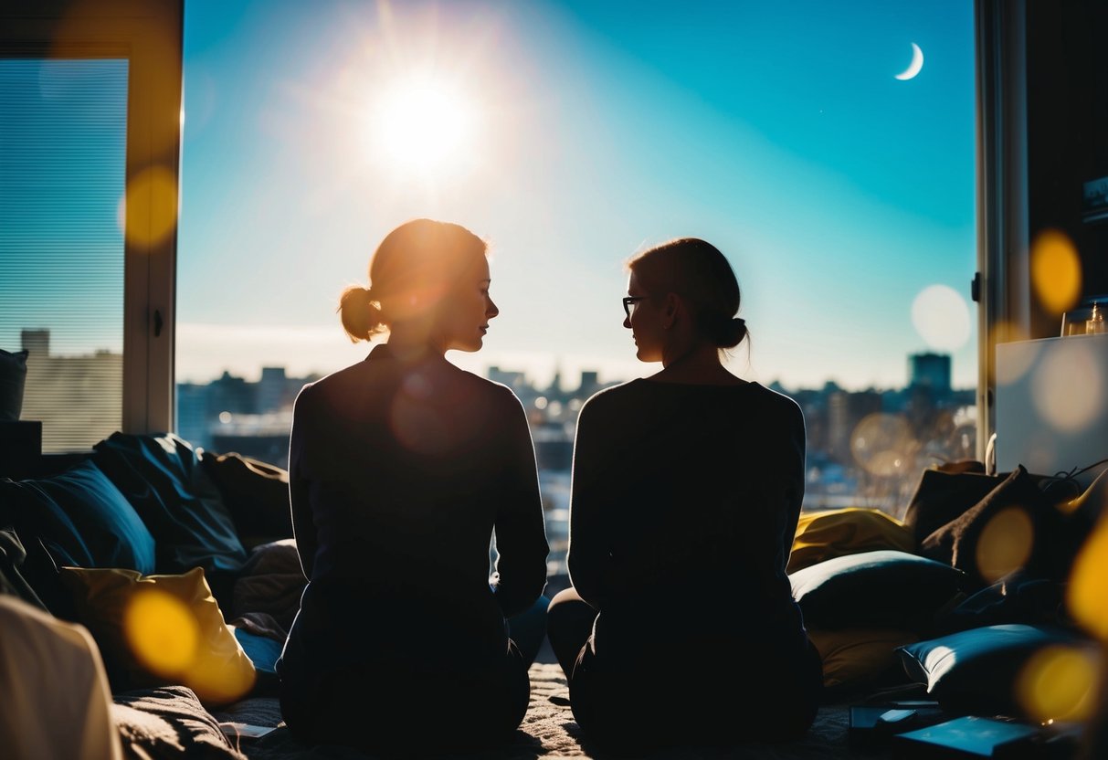 A couple's silhouettes sitting back to back, surrounded by cluttered space. One figure appears tense, the other relaxed. Outside, a bright sun and moon signify the passage of time