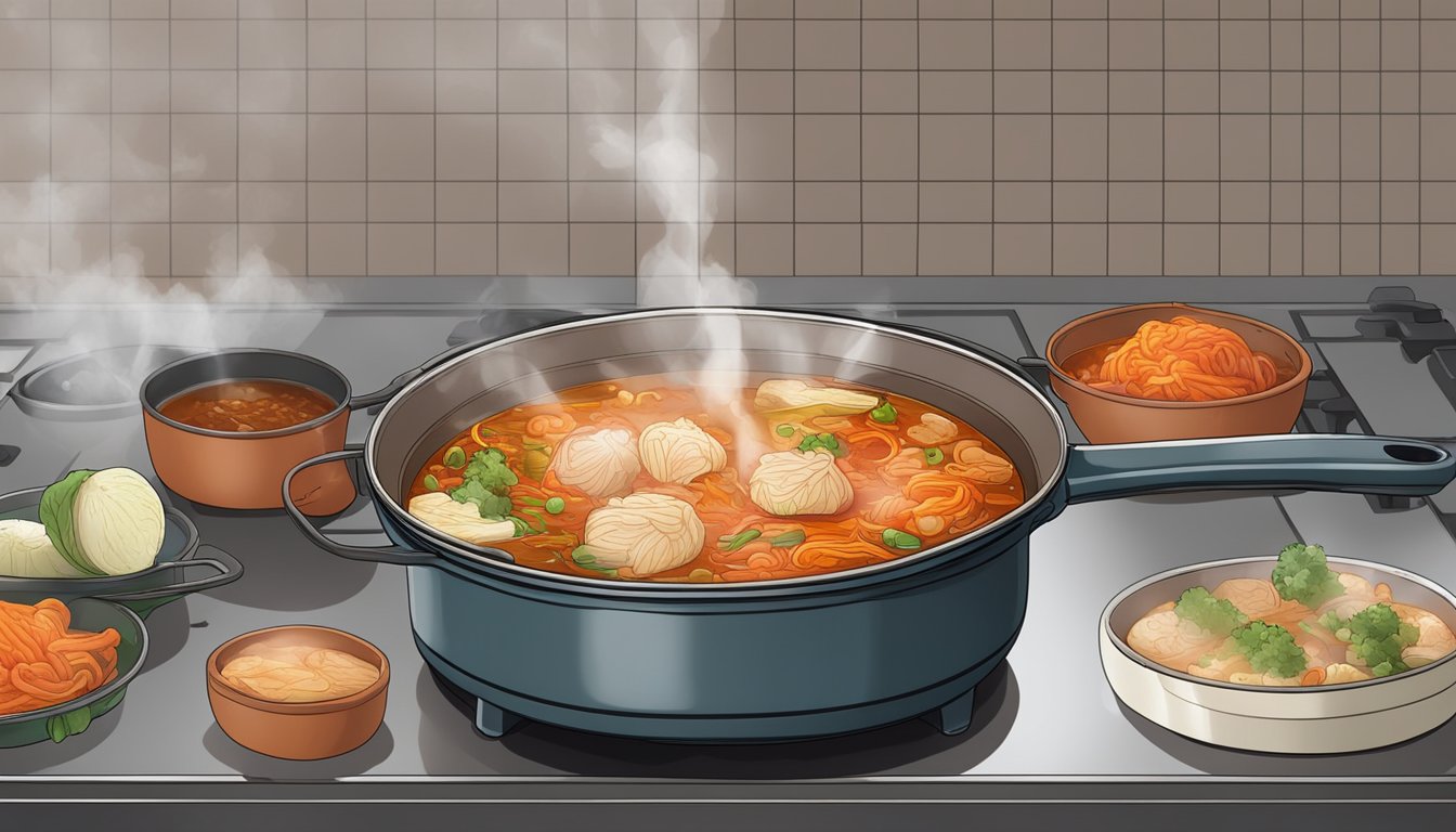 A pot of kimchi jjigae simmering on a stove, steam rising, with a ladle resting on the edge