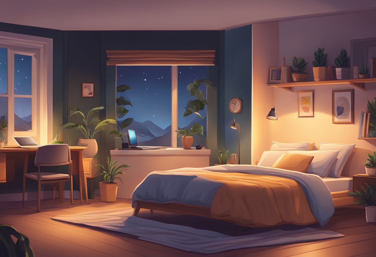 A cozy bedroom with soft, warm lighting and a laptop playing a YouTube sleep story