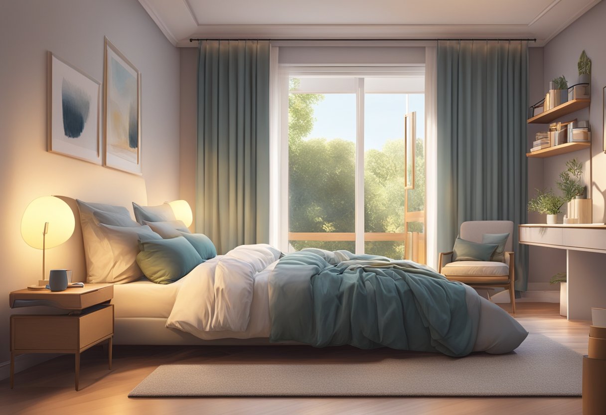 A cozy bedroom with soft lighting, a comfortable bed, and a serene atmosphere