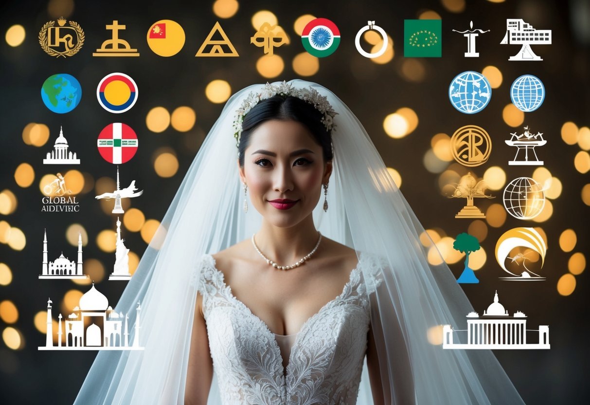 A bride in a non-white wedding dress surrounded by diverse cultural symbols and global landmarks