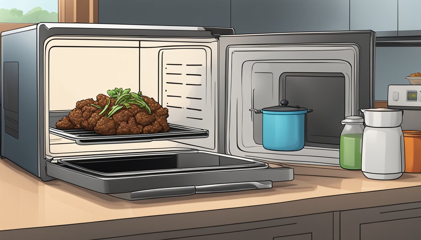 A container of leftover bulgogi sits in a refrigerator, next to a microwave and a stovetop. The bulgogi is being reheated in a pan, emitting steam and a savory aroma