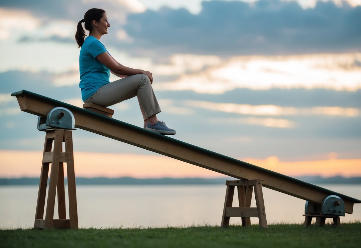 A person sitting on a seesaw, with one end weighted down and the other end lifted up slightly, representing the concept of maintaining a healthy balance