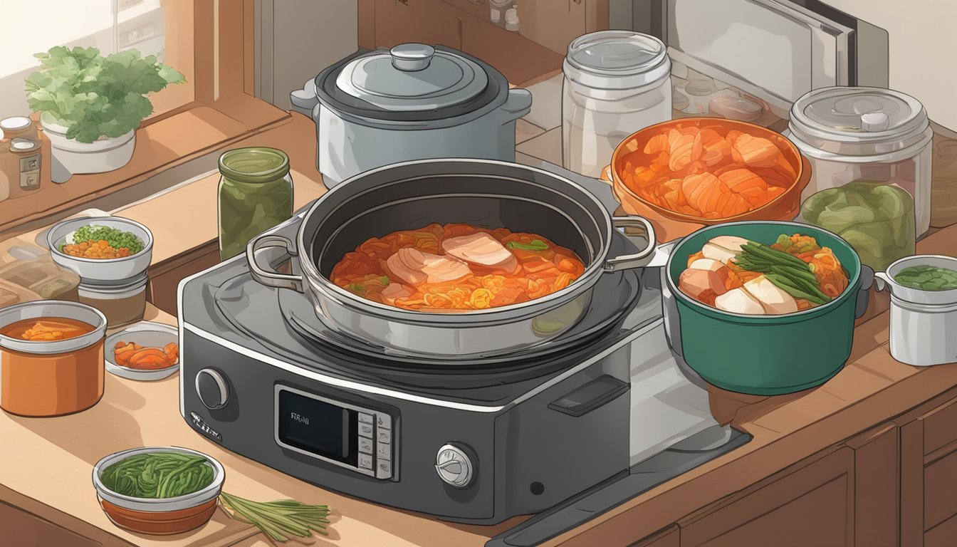 A steaming pot of kimchi jjigae sits on a stove, surrounded by jars of kimchi and other ingredients. A microwave and stovetop are nearby