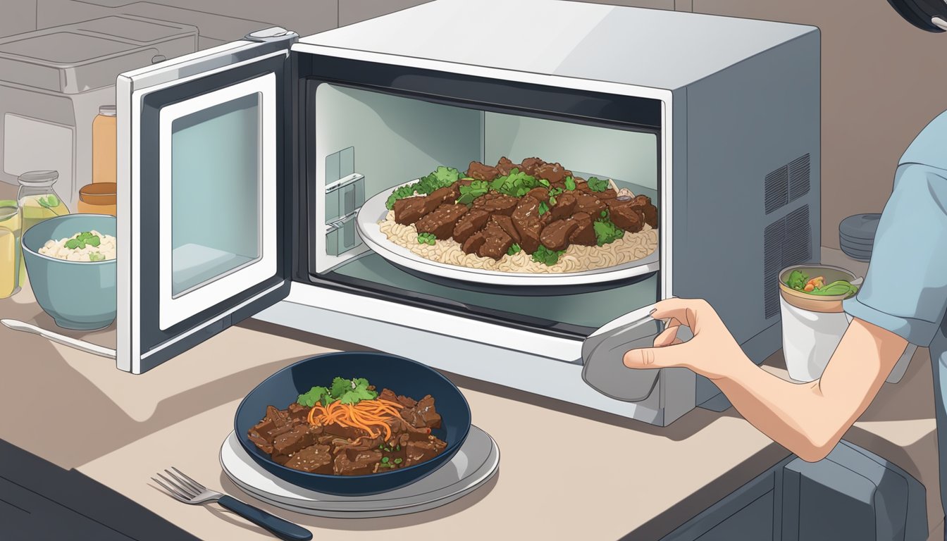 A bowl of leftover Korean beef bulgogi is placed in a microwave, a hand reaching to adjust the settings. A plate and utensils are set nearby