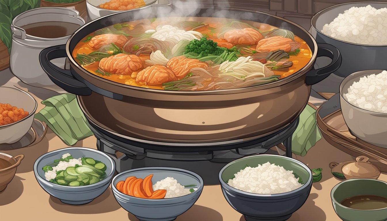 A steaming pot of kimchi jjigae sits on a stove, surrounded by bowls, spoons, and a plate of freshly steamed rice