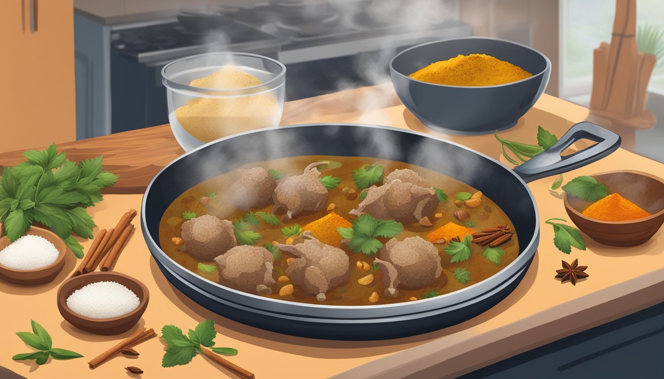 A steaming bowl of lamb curry sits on a stovetop, surrounded by fragrant spices and herbs. The rich, savory aroma fills the kitchen as the curry is gently reheated