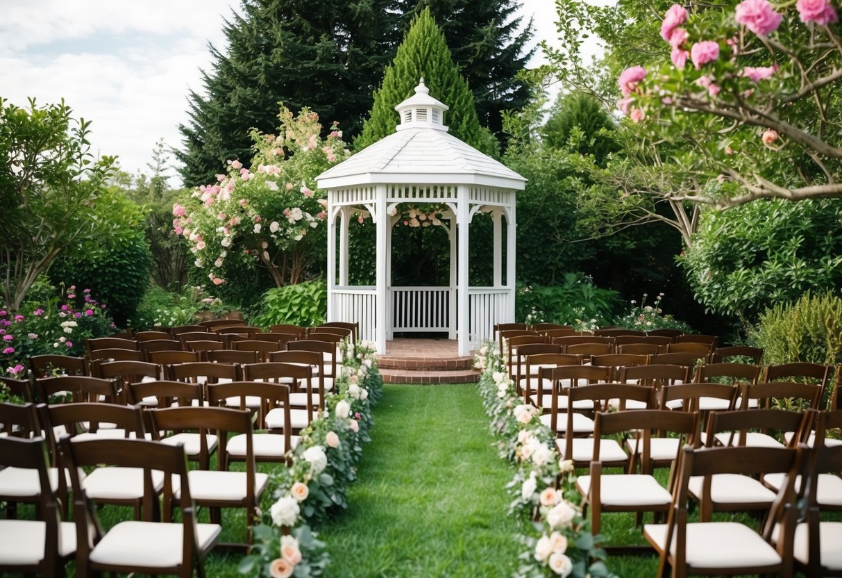 A cozy outdoor garden ceremony with a small white gazebo, surrounded by blooming flowers and greenery, with 55 chairs arranged in neat rows