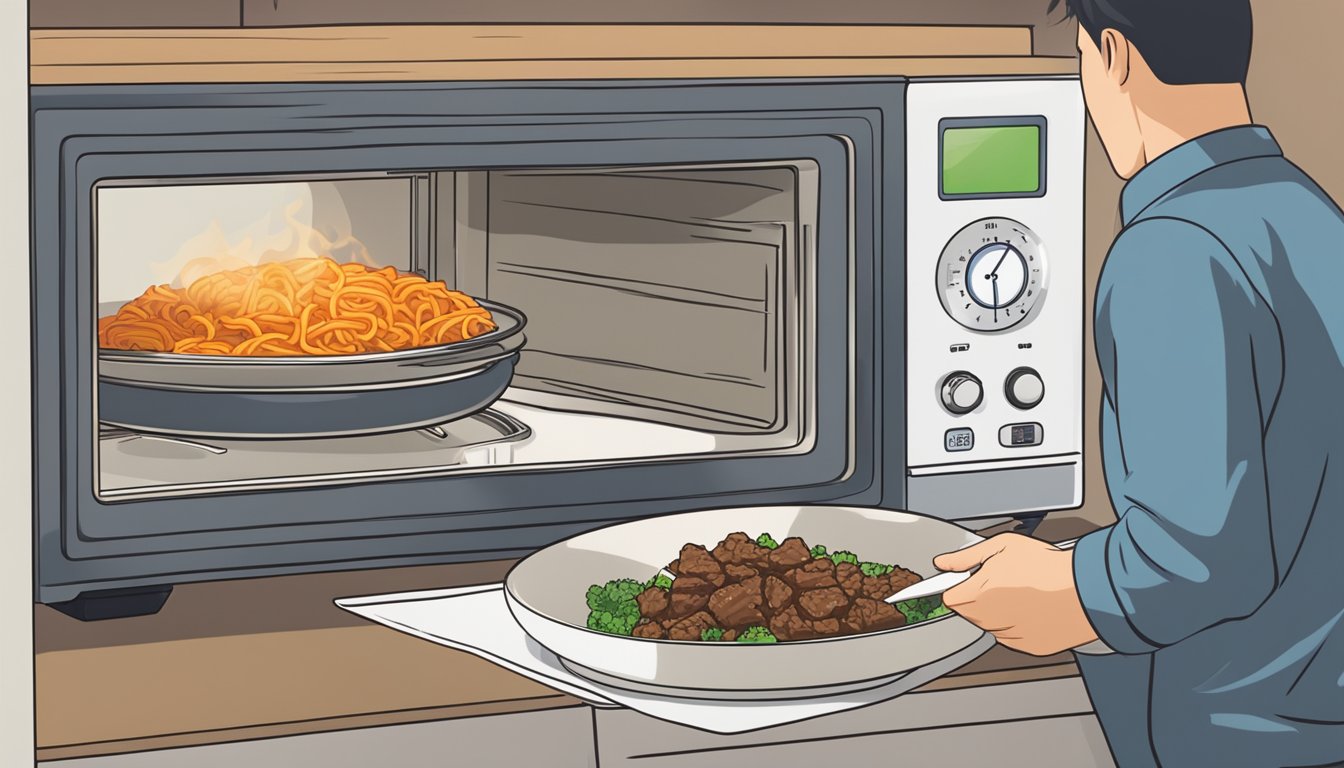 A person using a microwave to reheat a plate of Korean beef bulgogi with a thermometer nearby to ensure it reaches a safe temperature