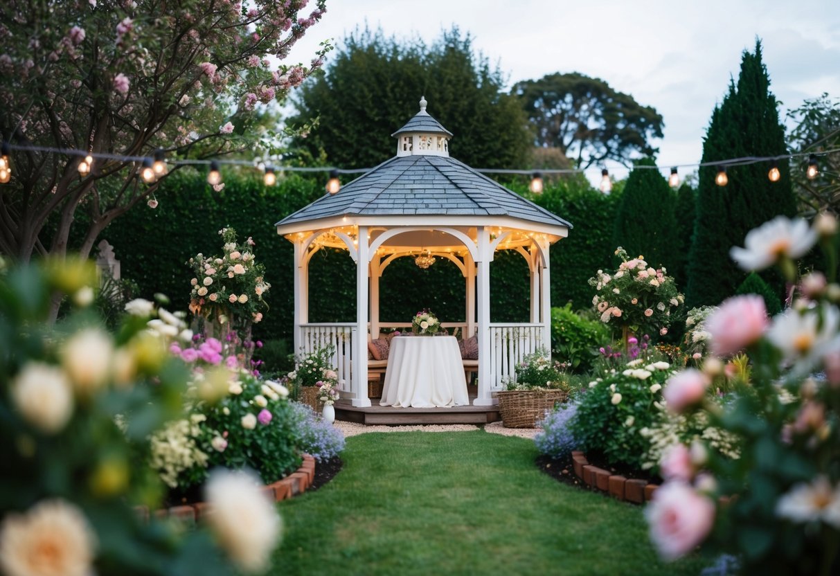 A cozy, intimate wedding set in a charming garden with a small gazebo, surrounded by blooming flowers and twinkling lights