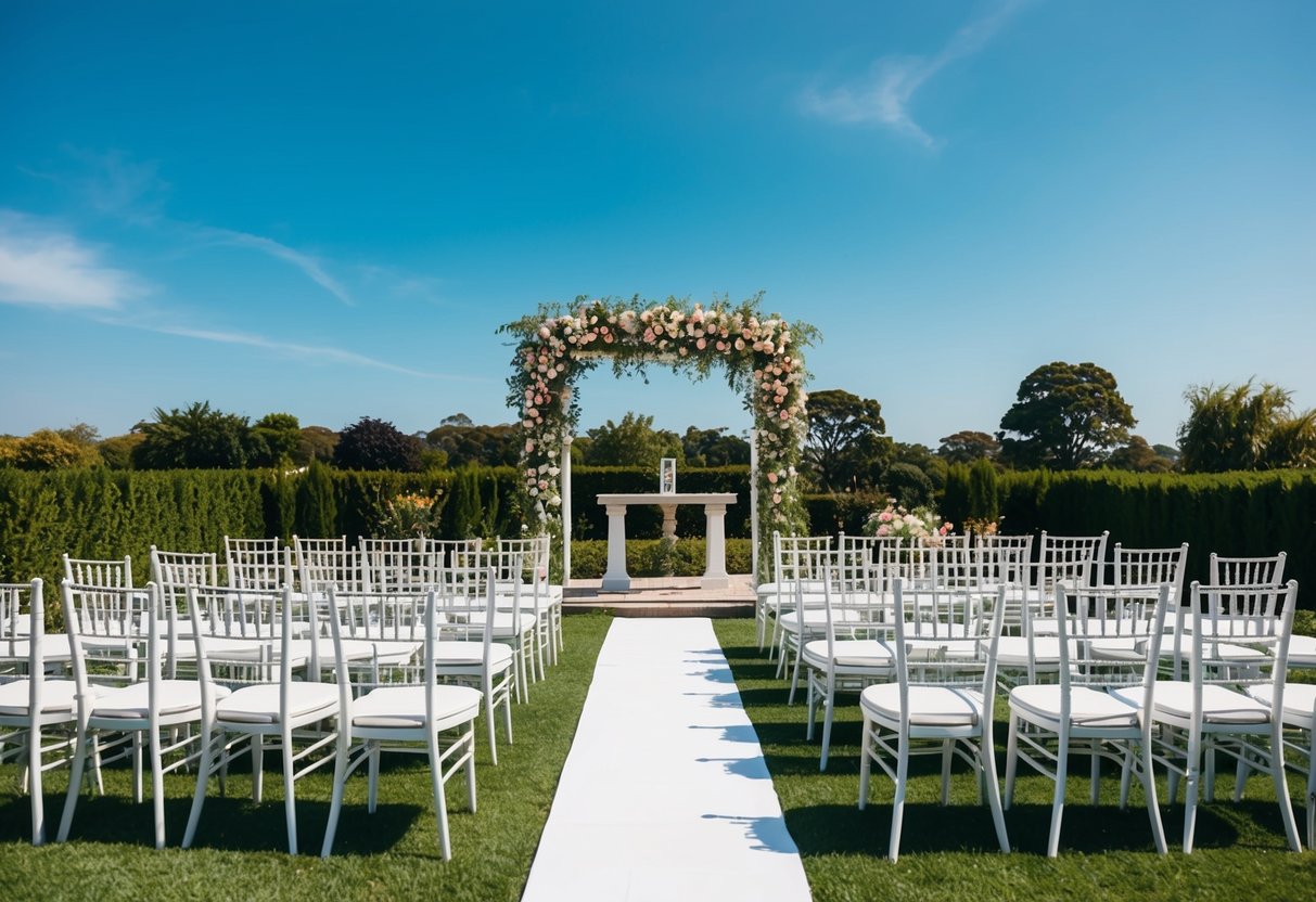 A beautiful outdoor wedding venue with 40 empty chairs arranged in neat rows facing a flower-adorned altar under a clear blue sky