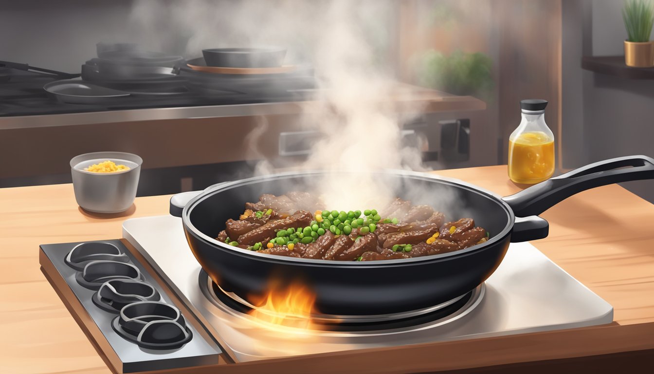 A sizzling bulgogi dish being reheated on a hot skillet, with steam rising and the aroma of the savory beef filling the air