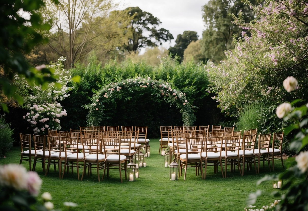 A cozy outdoor wedding venue with 40 chairs arranged in a semi-circle, surrounded by lush greenery and blooming flowers