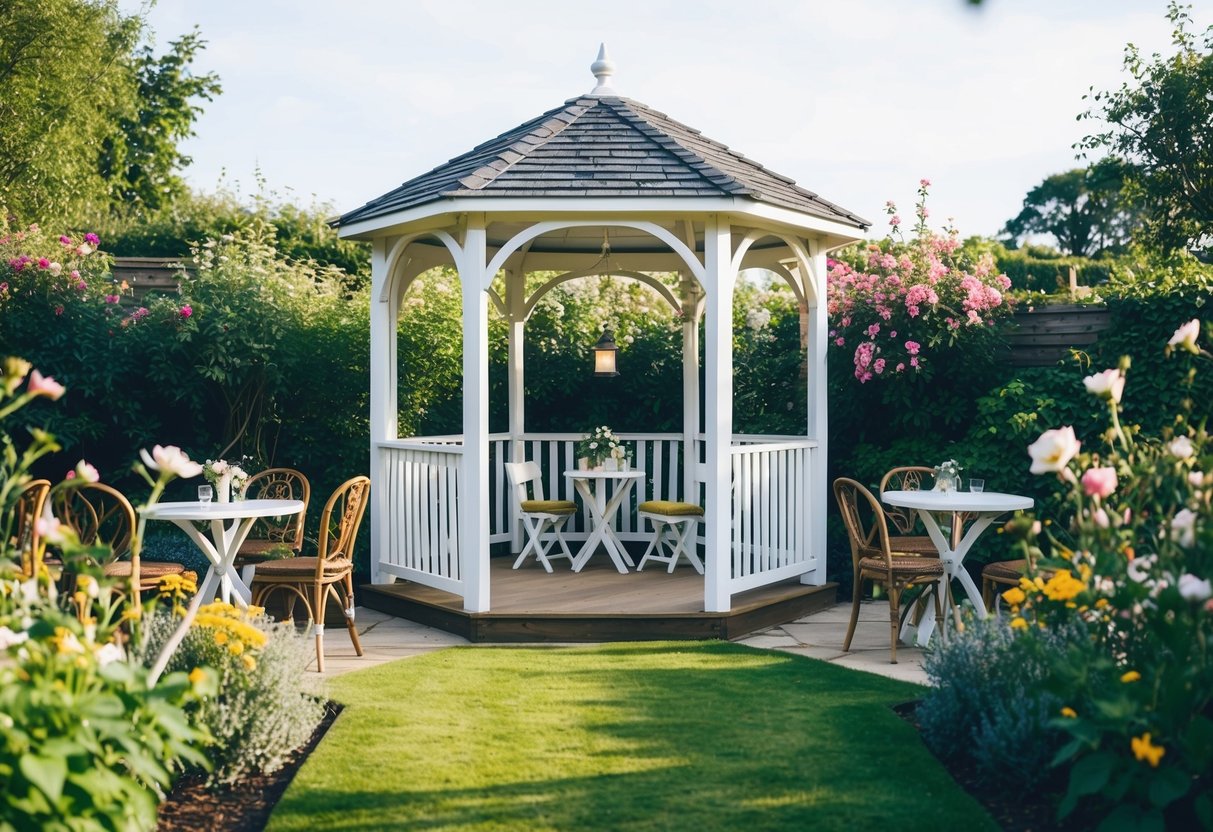 A cozy outdoor garden setting with a simple white gazebo, surrounded by blooming flowers and greenery, with a few small tables and chairs arranged for an intimate wedding celebration