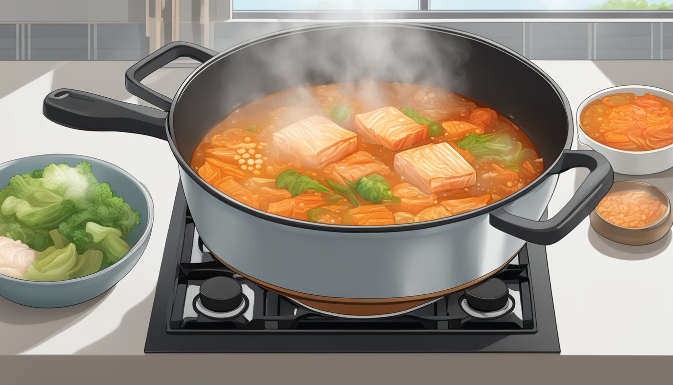 A pot of bubbling kimchi jjigae on a stovetop, steam rising, with a ladle resting on the side