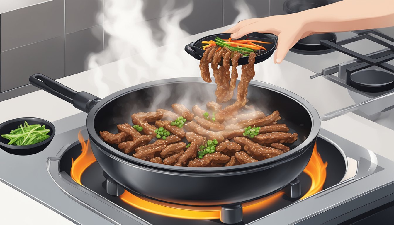 Sizzling bulgogi being reheated on a hot skillet, emitting savory aroma with steam rising