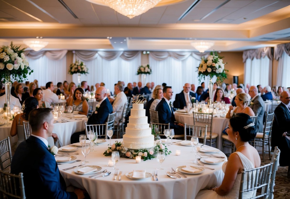 A wedding reception with 40 guests seated at round tables, adorned with floral centerpieces and elegant place settings. A tiered wedding cake stands as the centerpiece of the room