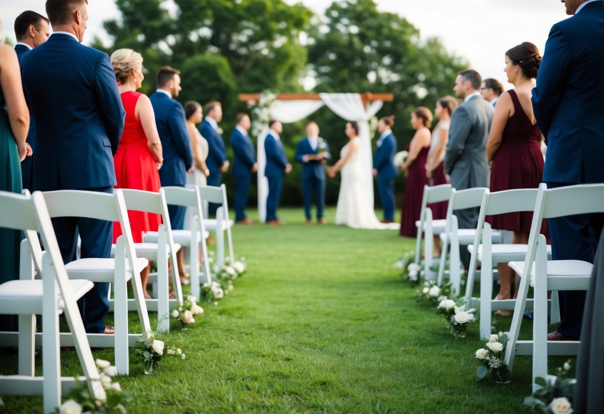 A simple outdoor wedding ceremony with a small guest list and minimal decorations