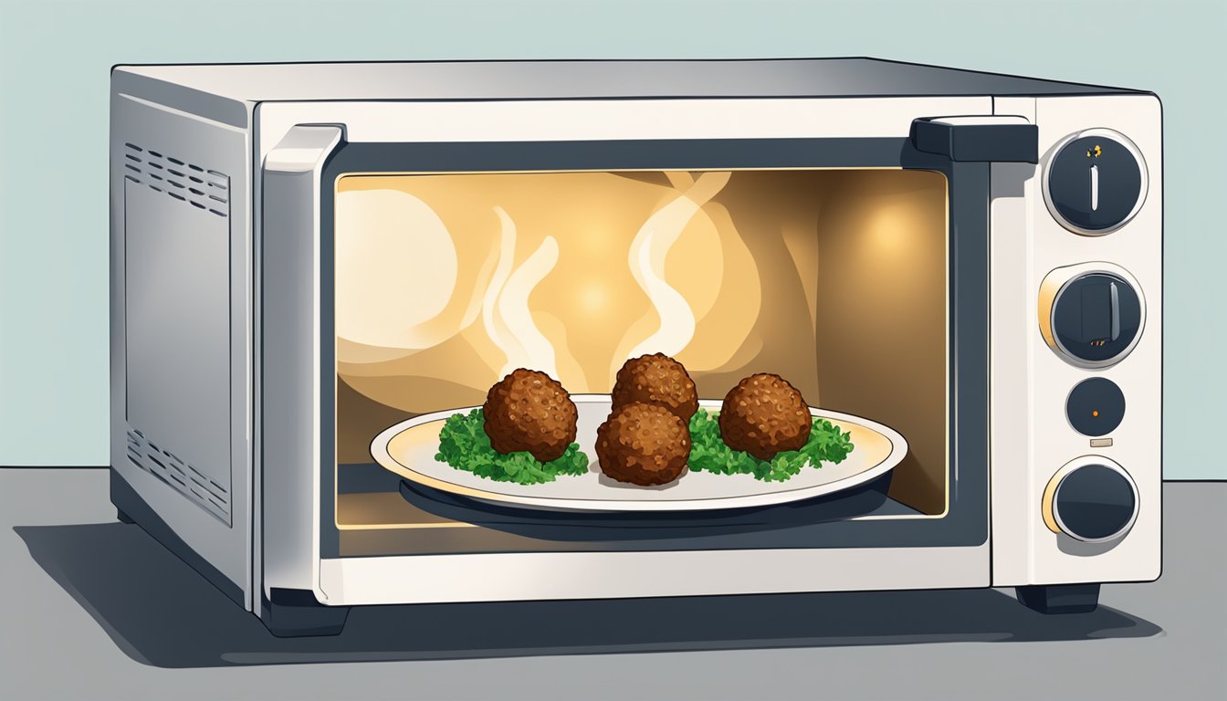 A plate of lamb kofta meatballs being reheated in a microwave